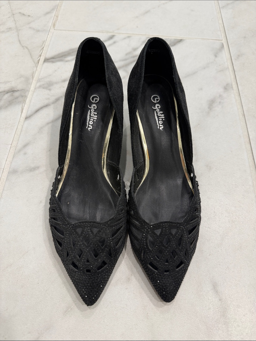 Black Pointed Cutout Heels with Subtle Sparkle